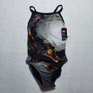 TYR Pyrite Diamondfit Swimsuit Women Size L 34 Gold Black Durafast Elite DPYR7AH